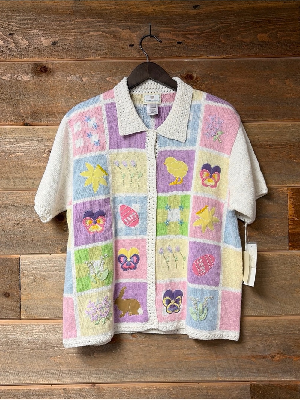 Susan Bristol VTG 90s Patchwork Embroidered Easter Spring Sweater XL NWT Granny